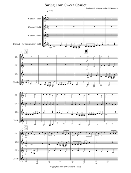 Swing Low, Sweet Chariot for Clarinet Quartet (Arr. David Burndrett) - Traditional (Clarinet Solo)