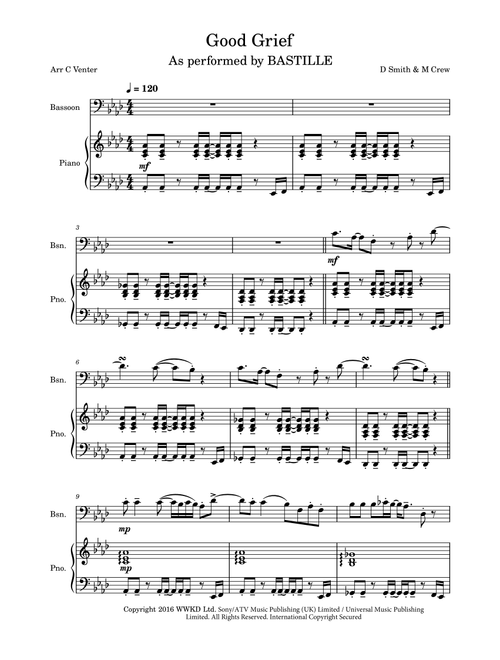 Good Grief (Arr. Caroline Venter) - Bastille (Bassoon and Piano)