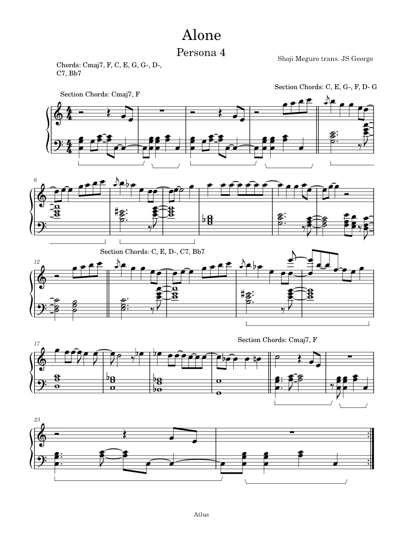Alone - Shoji Meguro (Persona 4) Sheet Music for Piano (Solo) easy