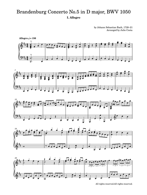 Bach - Allegro from Brandenburg Concerto No.5 in D major BWV 1050 (Arr. Julio Costa) - Johann Sebastian Bach (Piano Solo)