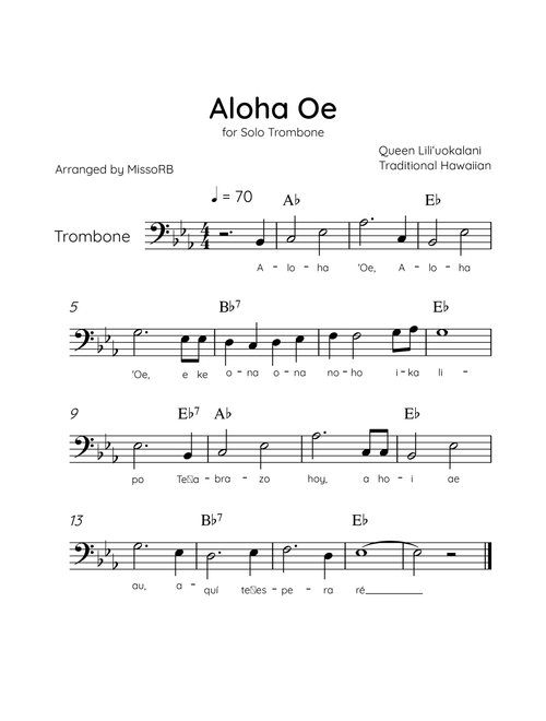 Aloha Oe - Solo Trombone in Eb Major Easy With Lyrics & Chords (Arr. MissoRB) - Queen Liliʻuokalani (Trombone Solo)