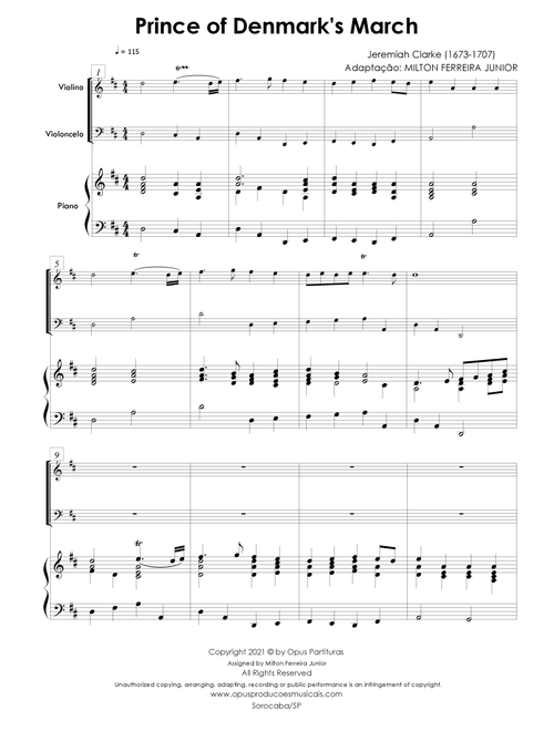 PRINCE OF DENMARKS MARCH - for Piano, Violino and Cello (Arr. Milton Ferreira Junior) - Jeremiah Clarke (String Ensemble)