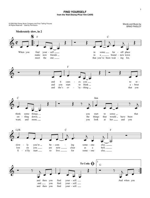 Find Yourself (from Cars) - Brad Paisley (Easy Lead Sheet - Fake Book)