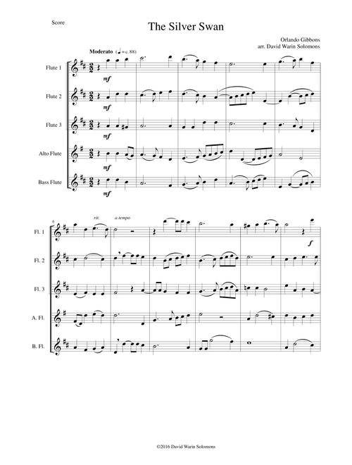 The Silver Swan for flute quintet (3 flutes, 1 alto flute, 1 bass flute) (Arr. David Warin Solomons) - Orlando Gibbons (Woodwind Ensemble)