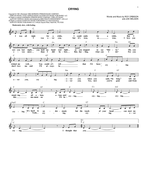 Crying - Roy Orbison, Don McLean, Jay & The Americans (Lead Sheet - Fake Book)
