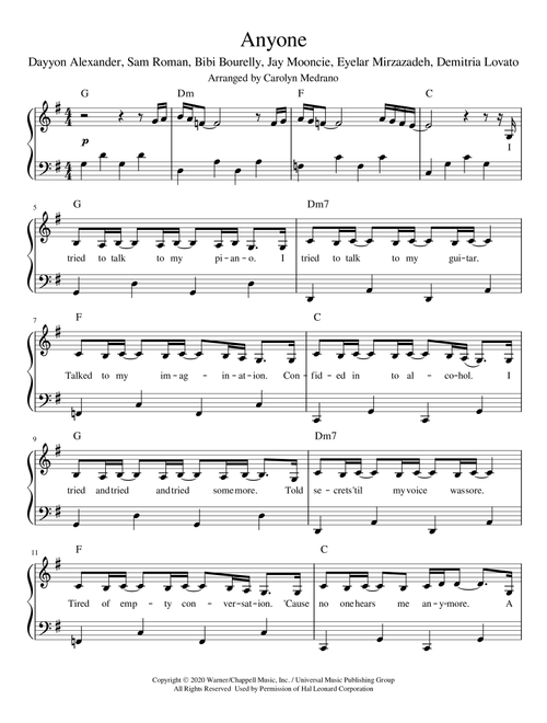 Anyone (Arr. Carolyn Medrano) - Demi Lovato (Piano Vocal)