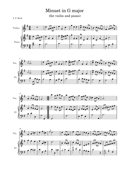 Minuet in G major, BWV Anh.114 – Johann Sebastian Bach Minuet in G major (piano and violin)
