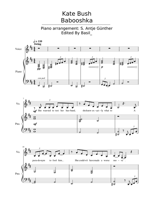 Babooshka – Kate Bush Babooshka Kate Bush alto key- Piano Vocal