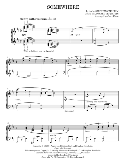 Somewhere (from West Side Story) - Leonard Bernstein, Stephen Sondheim, West Side Story Musical (Piano Solo)