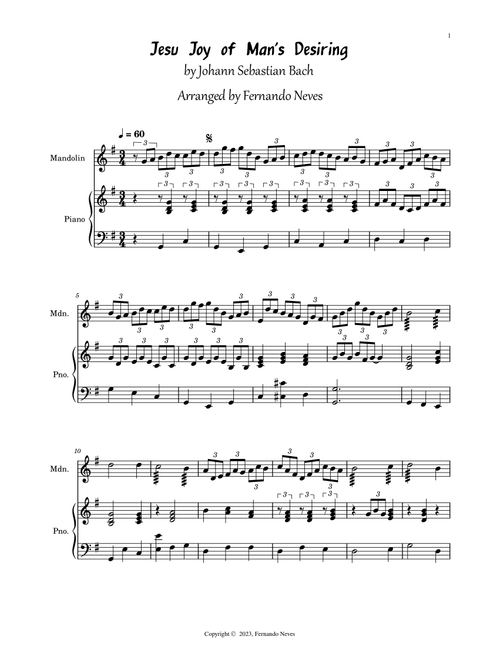 Jesu, Joy of Man's desiring for Mandolim ( Tablature & Score) (Arr. FERNANDO LUIZ NEVES) (Instrumental Solo (with Piano Accompaniment))