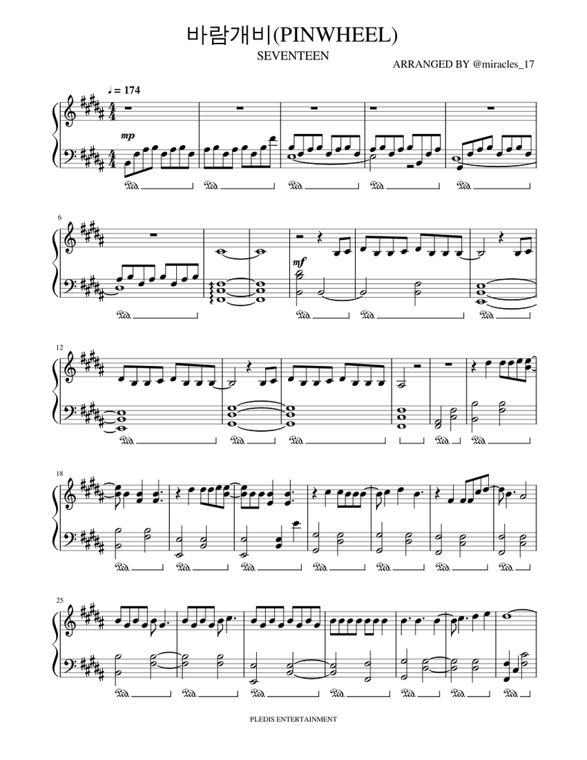 SEVENTEEN - 바람개비 PINWHEEL Sheet Music for Piano (Solo