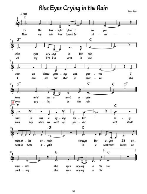 Blue Eyes Crying In The Rain (Lead sheet with lyrics )