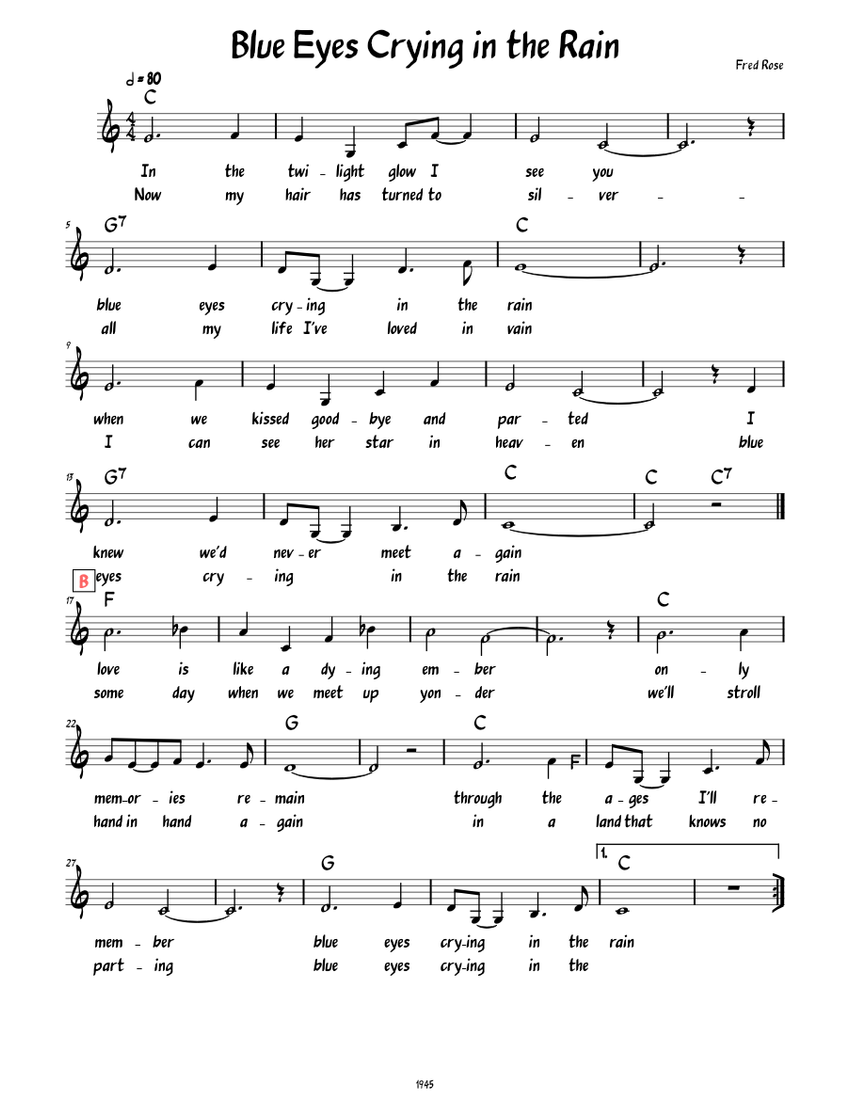 Blue Eyes Crying In The Rain (Lead sheet with lyrics ) Sheet music for Piano (Solo)