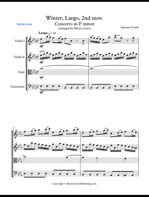 CONCERTO IN F MINOR, WINTER, 2st. Mov. (Largo), String Quartet, Intermediate Level for 2 violins, vi (Arr. Sherry Lewis) - Antonio Vivaldi (String Quartet)