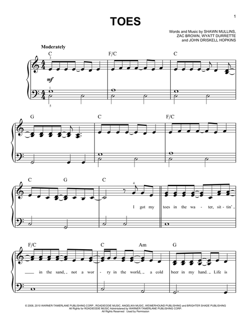 Toes - Zac Brown Band (Very Easy Piano)