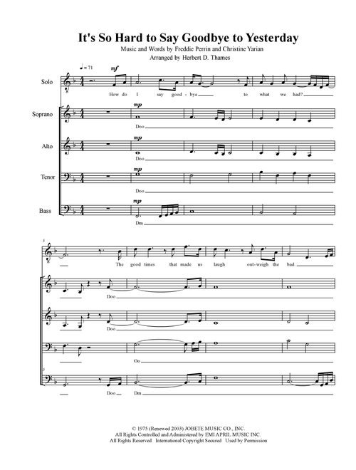 It's So Hard To Say Goodbye To Yesterday (Arr. Herbert D. Thames) - Boyz Ii Men (Choral, SATB)