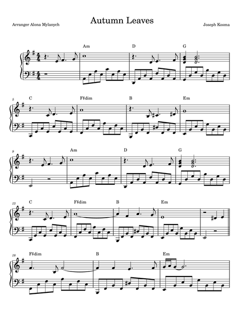 Autumn Leaves (Arr. Alona Mylanych) (Easy Piano)