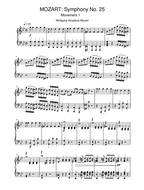 MOZART: Symphony No. 25 (Arr. Wolfgang Amadeus Mozart) (Piano Solo)