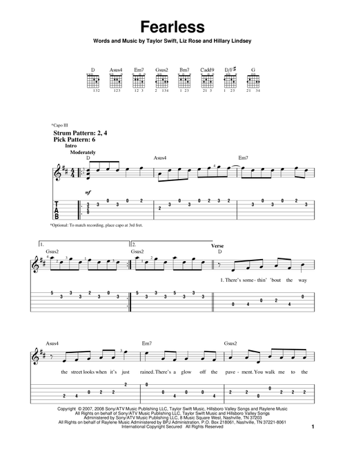 Fearless - Taylor Swift (Easy Guitar with TAB)