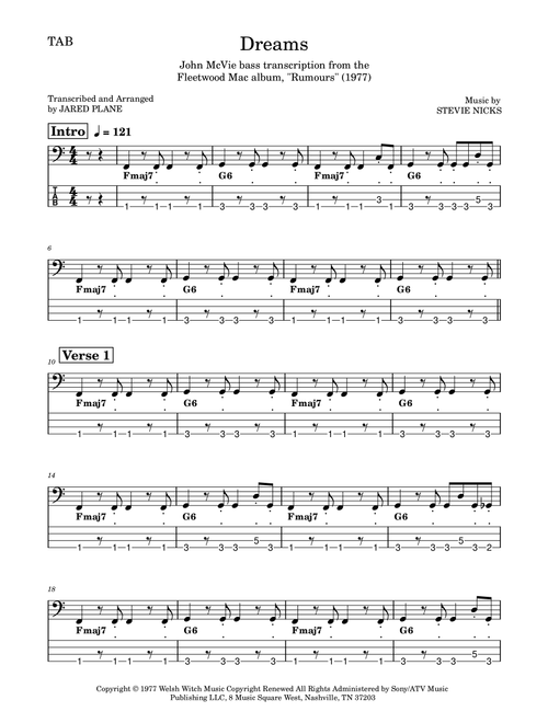 Dreams (Arr. Jared Plane) - Fleetwood Mac (Bass Tab)