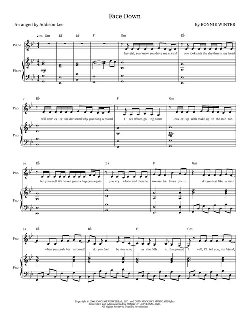 Face Down (Arr. Addison Lee) - The Red Jumpsuite Apparatus (Piano Vocal)