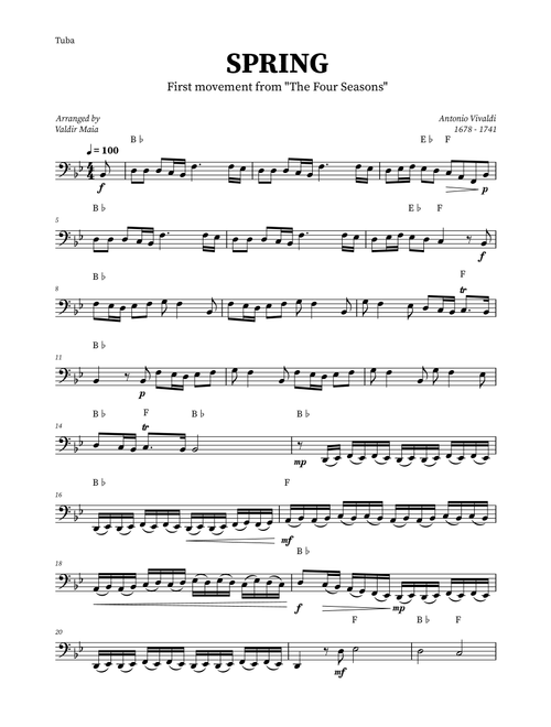 Spring - The Four Seasons for Tuba (+ CHORDS) (Arr. Valdir Maia) - Antonio Vivaldi (Tuba Solo)