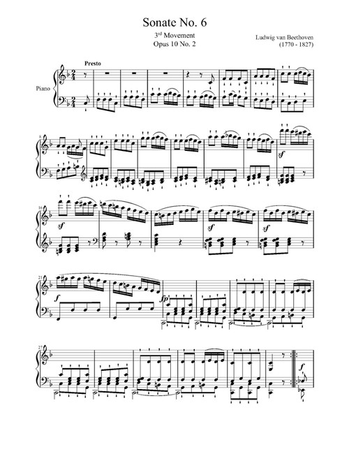 Piano Sonata No.6 , Op.10 No.2 - Movement 3 (Arr. Ludwig Van Beethoven) (Piano Solo)