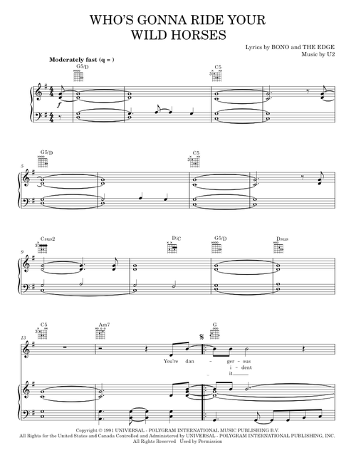Who's Gonna Ride Your Wild Horses - Bob Dylan, Dave Matthews Band, Jimi Hendrix, U2 (Piano-Vocal-Guitar)