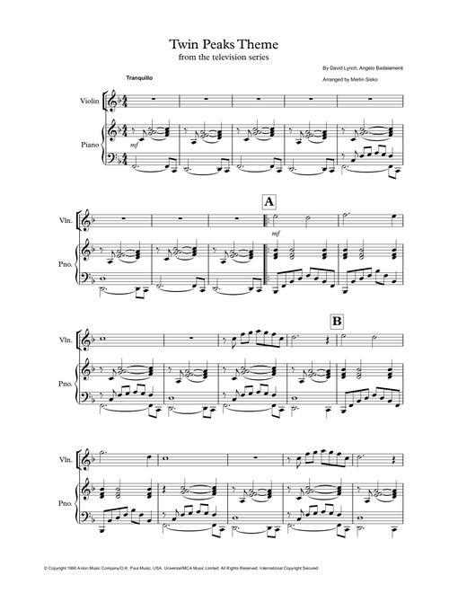Twin Peaks Theme (Arr. Merlin Sisko) - David Lynch, Angelo Badalamenti (Violin and Piano)