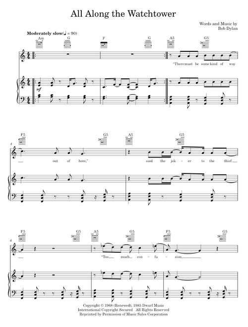 All Along The Watchtower - Bob Dylan, Dave Matthews Band, Jimi Hendrix, U2 (Piano-Vocal-Guitar)