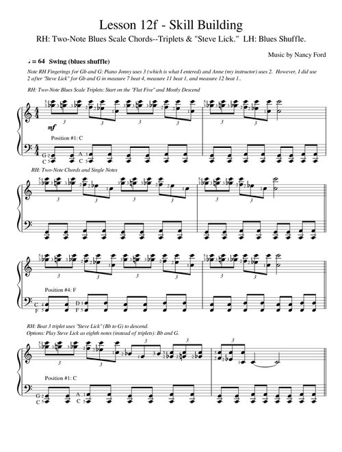 Lesson 12f - Skill Building - RH Flat 7 Two-Note Chords - Triplets and Steve Lick, LH Blues Shuffle