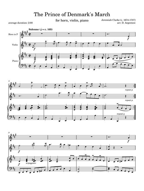Prince of Denmark March (Trumpet Voluntary) for violin, piano and horn (Arr. Dario Argentesi) - Jeremiah Clarke (Small Ensemble)