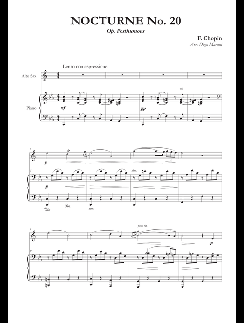 Nocturne No. 20 for Alto Saxophone and Piano (Arr. Diego Marani) - Frederick Chopin (Alto Sax and Piano)