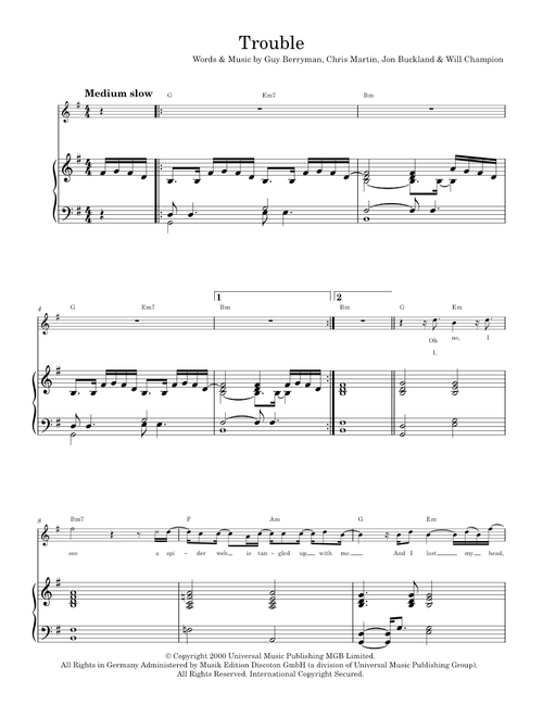 Trouble - Coldplay (Piano-Vocal-Guitar (Piano Accompaniment))