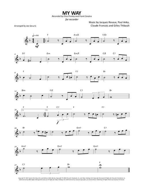 My Way (Arr. Joe Securis) - Elvis Presley (Recorder Solo)