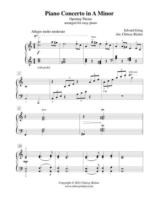 Piano Concerto in A Minor (opening theme) - easy piano (Arr. Chrissy Ricker) - Edvard Grieg (Easy Piano)