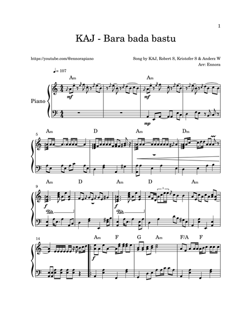 Bara Bada Bastu (Arr. Ennora) - Kaj (Piano Solo)