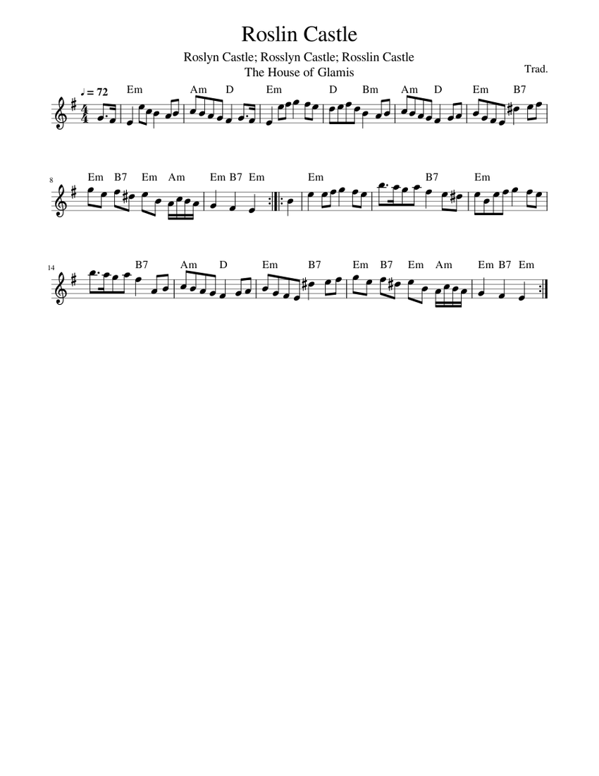 Castle Rising Song Notes Traditional music - Roslin Castle Sheet Music with Chords for Piano ...