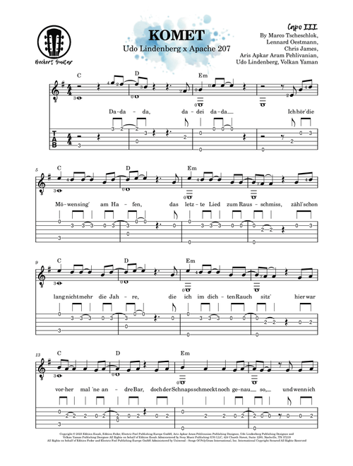 Komet (Arr. Beckert Guitar) - Udo Lindenberg X Apache 207 (Easy Guitar with TAB)