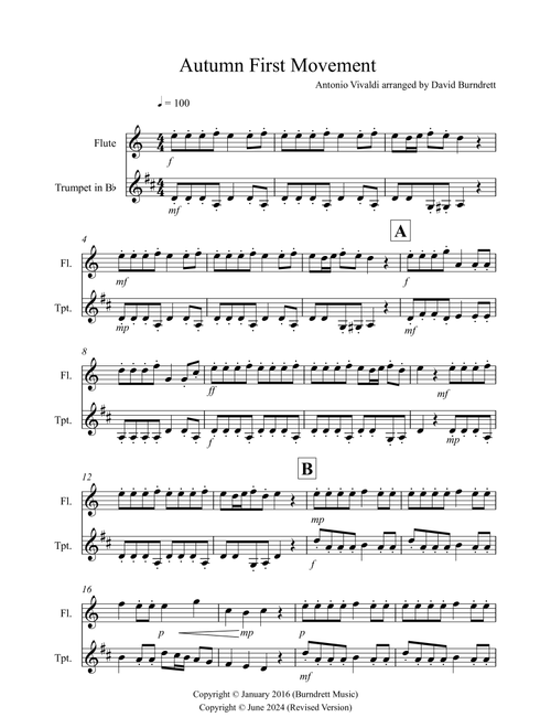Autumn "Four Seasons" for Flute and Trumpet Duet (Arr. David Burndrett) - Antonio Vivaldi (Instrumental Duet)