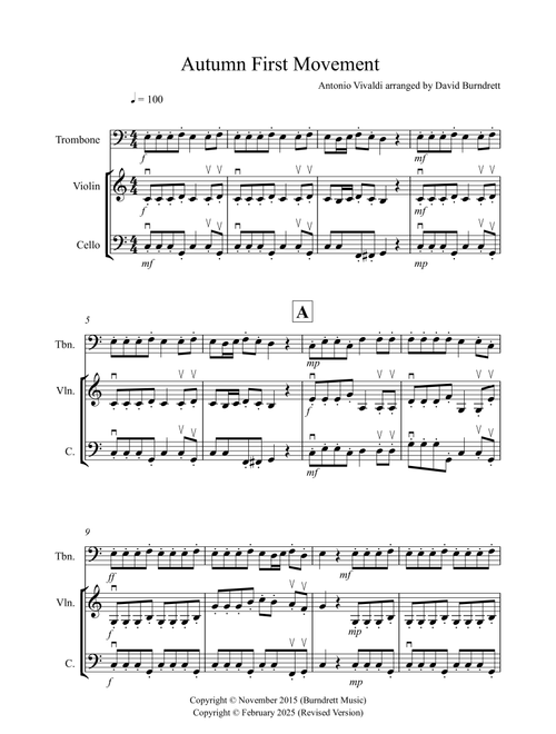 Autumn "Four Seasons" for Trombone, Violin and Cello Trio (Arr. David Burndrett) - Antonio Vivaldi (Small Ensemble)