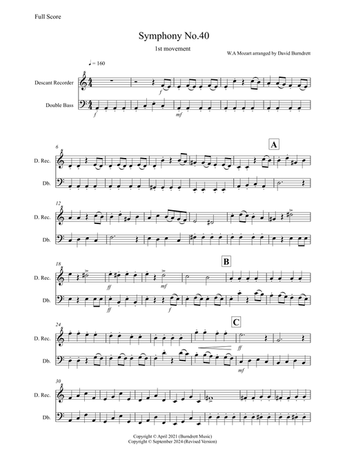 Symphony No.40 (1st movement) for Descant Recorder and Double Bass Duet (Arr. David Burndrett) - Wolfgang Amadeus Mozart (Instrumental Duet)