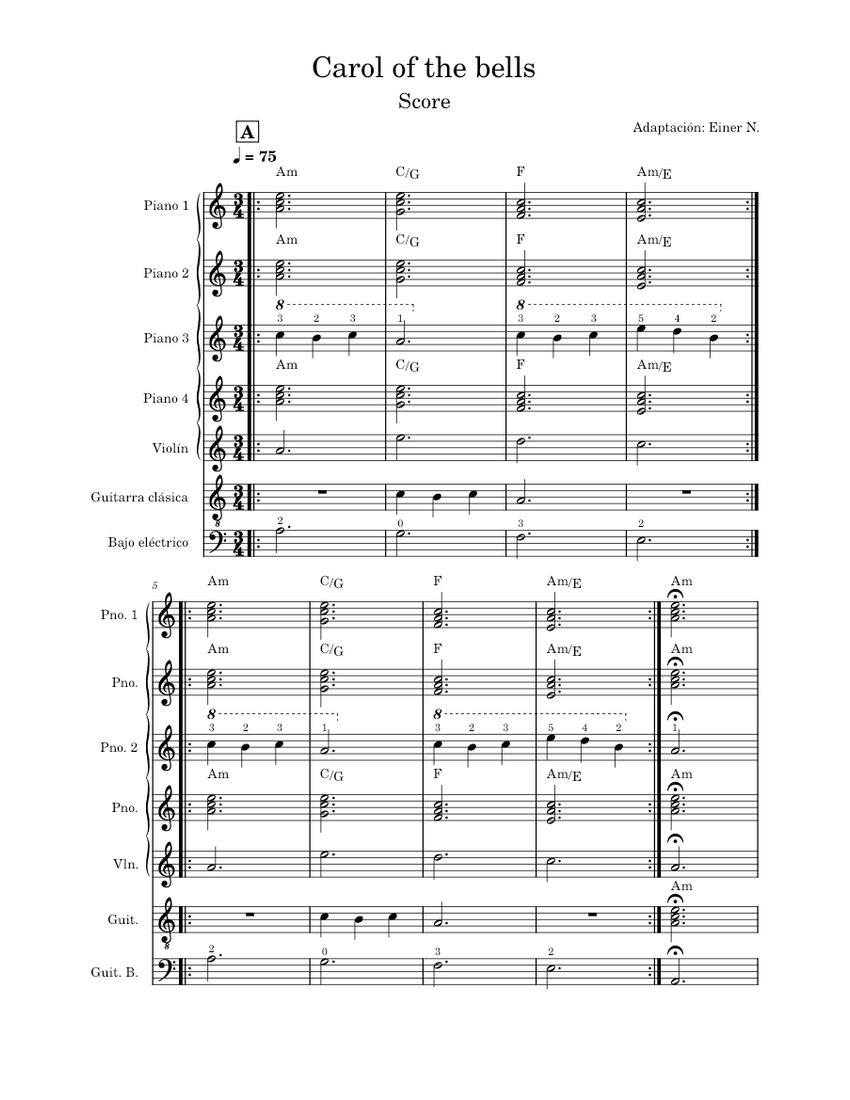 Carol of the bells SCORE Sheet music for Piano, Violin, Guitar, Bass ...