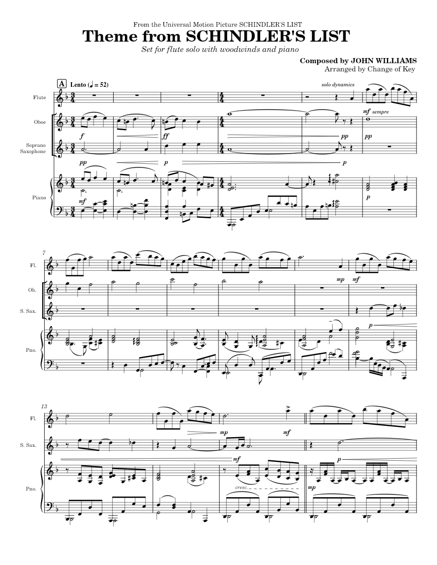 Schindler's List Theme John Williams Sheet music for Piano, Flute