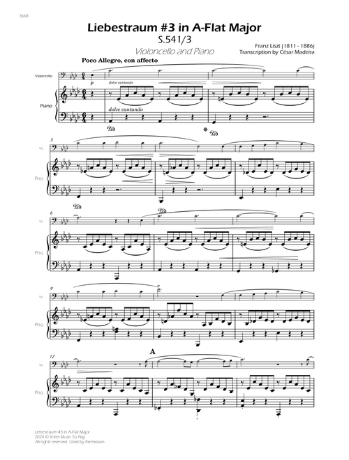 Liebestraum No.3 - Cello and Piano (Full Score) (Arr. César Madeira) - Franz Liszt (Cello and Piano)
