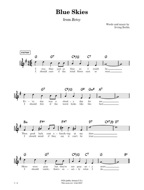 Blue Skies – Irving Berlin [lead sheet with verse and lyrics]