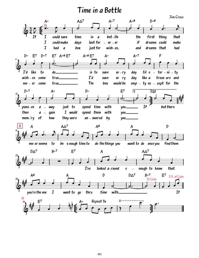 Time in a Bottle (Lead sheet with lyrics ) Sheet music for Piano (Solo
