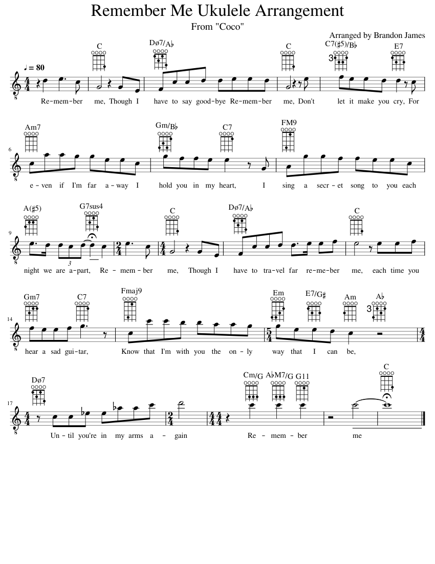 Remember Me Coco Ukulele Arrangement Sheet music for Vocals (Solo