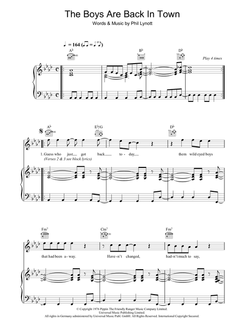 The Boys Are Back In Town - Thin Lizzy (Piano-Vocal-Guitar (Piano Accompaniment))