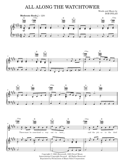 All Along The Watchtower - Bob Dylan, Jimi Hendrix, U2 (Piano-Vocal-Guitar)